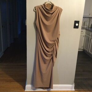 Anthropologie Beige Crepe Cowl Neck Sleeveless Full Length Dress, Size 2X